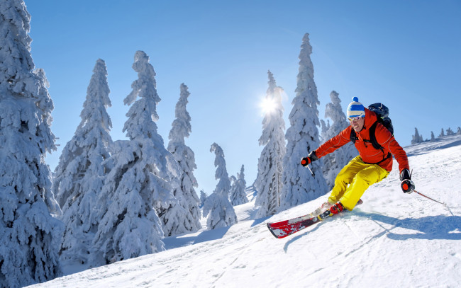 Обои картинки фото спорт, лыжный спорт, небо, солнце, снег, зима, лыжи, шапка, спуск, деревья