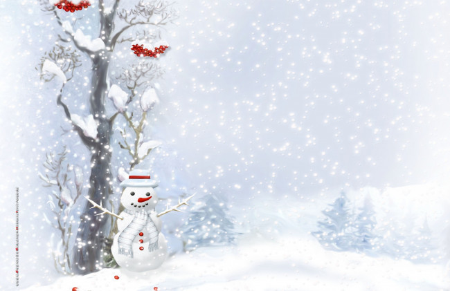 Обои картинки фото календари, праздники,  салюты, зима, снег, рябина, дерево, снеговик