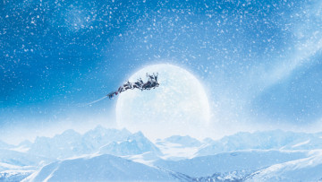 Картинка праздничные рисованные санта клаус олени сани снег полет луна горы