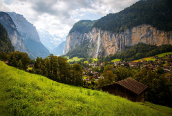 обоя города, лаутербруннен , швейцария, горы, водопад, панорама