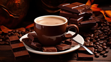 обоя еда, кофе,  кофейные зёрна, темный, фон, стол, шоколад, кружка, шоколадка, чашка, напиток