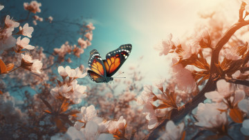 Картинка разное компьютерный+дизайн свет бабочки цветы ветки бабочка весна розовые цветение
