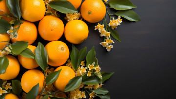 Картинка рисованное еда листья цветы апельсины фрукты серый фон цветение цитрусы веточки