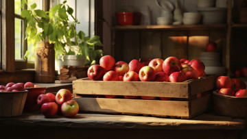 Картинка рисованное еда свет стол яблоки яблоко окно кухня миска ии-арт