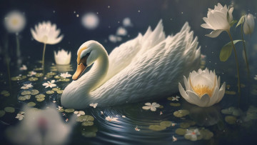 Картинка рисованное животные +птицы +лебеди белый природа озеро пруд птица берег лебедь водоем
