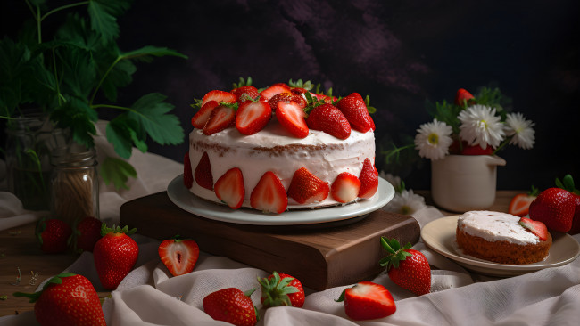 Обои картинки фото еда, торты, ягоды, темный, фон, клубника, торт, десерт, шоколадный, нейросеть