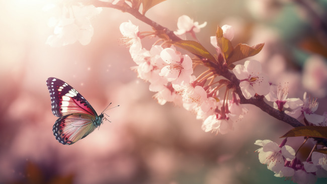 Обои картинки фото разное, компьютерный дизайн, свет, бабочки, цветы, ветки, бабочка, весна, розовые, цветение