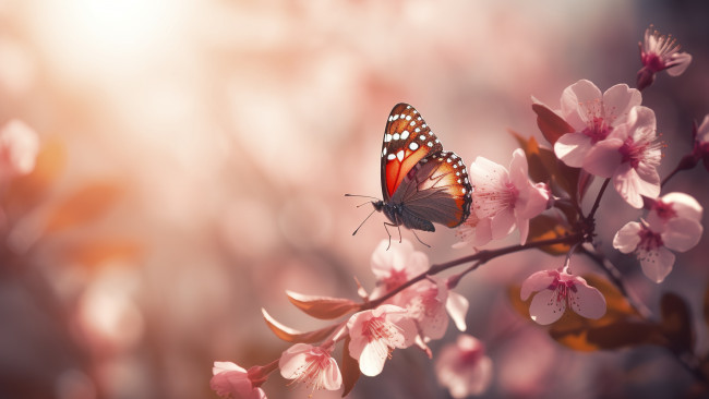 Обои картинки фото рисованное, животные,  бабочки, свет, бабочки, цветы, ветки, бабочка, весна, розовые, цветение