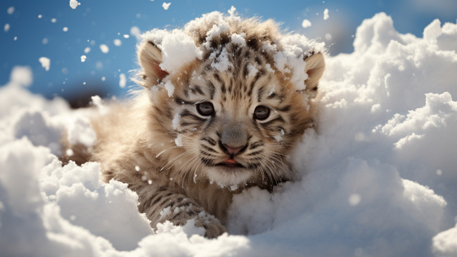 Обои картинки фото рисованное, животные,  тигры, тигр, снег, котенок, хищник, спереди, цифровое, искусство, большая, кошка