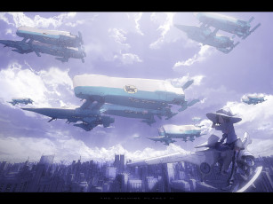 Картинка аниме weapon blood technology город небо ведьма девушка машины