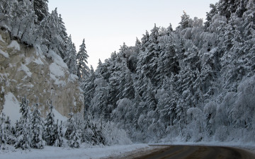 Картинка природа зима деревья горы дорога
