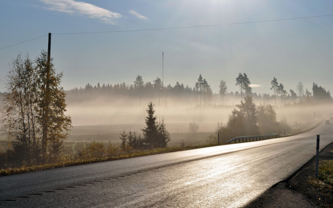 Обои картинки фото природа, дороги, туман, утро