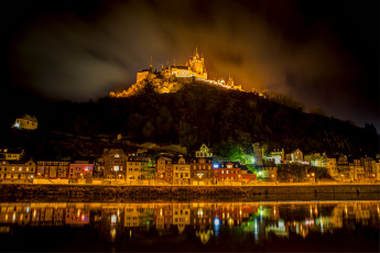 Картинка германия кохем города ночь огни дома замок река