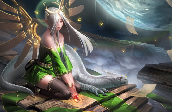 Картинка фэнтези красавицы чудовища эльфийка девушка магия крылья дракон sakimichan