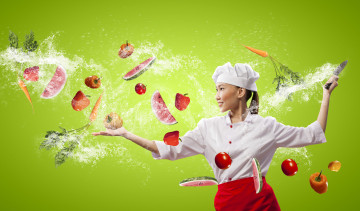 Картинка разное компьютерный дизайн девушка повар нож овощи помидоры морковь арбузы