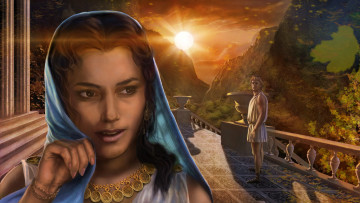 Картинка фэнтези девушки юноша античность особняк девушка закат солнце горы парень