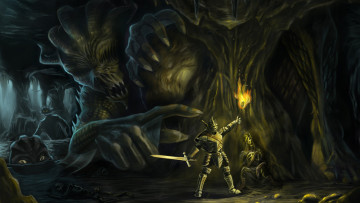 Картинка фэнтези существа чудовища кости факел доспехи меч рыцарь воин пещера монстры
