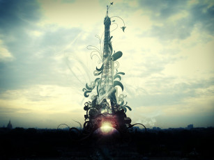 Картинка разное компьютерный+дизайн город эйфелева башня париж облака рассвет