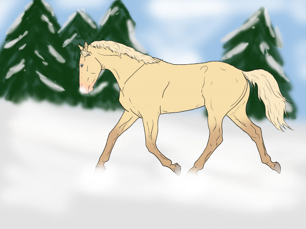 Обои картинки фото рисованное, животные,  лошади, деревья, снег, лошадь