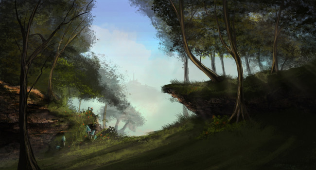 Обои картинки фото рисованное, природа, небо, лес, деревья, грибы