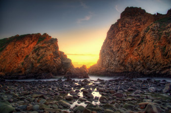 Картинка природа побережье рассвет пляж океан скалы песок камни
