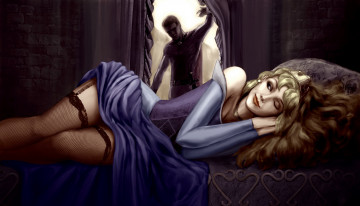 Картинка рисованное люди мужчина кровать фон девушка