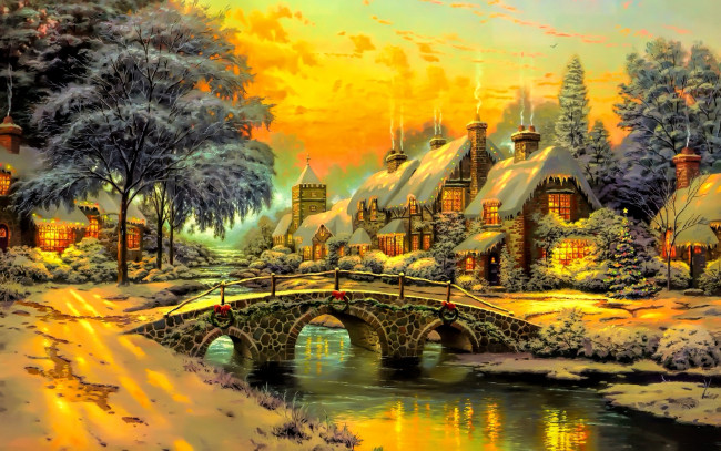 Обои картинки фото рисованное, города, зима, дома, снег, ночь, огни, река, мост, пейзаж