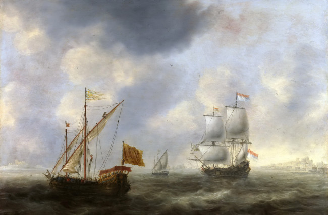 Обои картинки фото рисованное, живопись, флаг, волны, море, парус, морской, пейзаж, картина, корабль, турецкая, галера, и, голландское, судно, у, берега