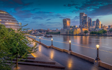 Картинка города лондон+ великобритания темза река набережная вечер огни