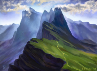 Картинка рисованное природа горы тропа скалы облака