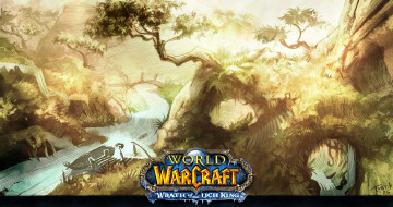 обоя видео игры, world of warcraft,  wrath of the lich king, деревья, лодка, река, мост