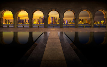 Картинка города доха+ катар музей исламского искусства доха арки огни длительная выдержка горизонт небоскребы hdr узор автор nicolas kamp