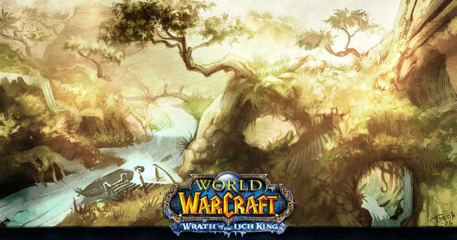 Обои картинки фото видео игры, world of warcraft,  wrath of the lich king, деревья, лодка, река, мост