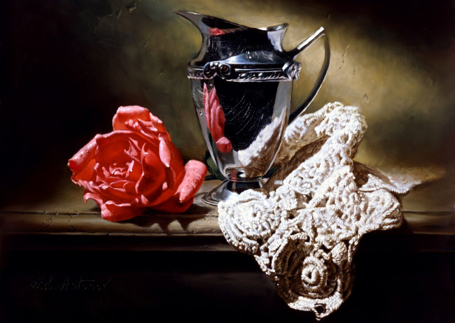 Обои картинки фото рисованное, алексей антонов, натюрморт, роза, кувшин, ткань