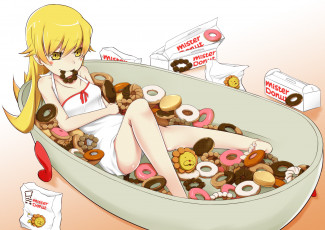 Картинка аниме bakemonogatari желтые волосы ванна пончики oshino+shinobu девушка еда