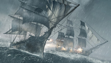 Картинка assassin`s creed iv black flag видео игры дождь фрегаты парусники море