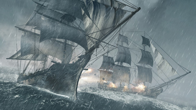 Обои картинки фото assassin`s, creed, iv, black, flag, видео, игры, дождь, фрегаты, парусники, море