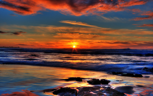 Обои картинки фото природа, восходы, закаты, океан, закат, тучи, волны