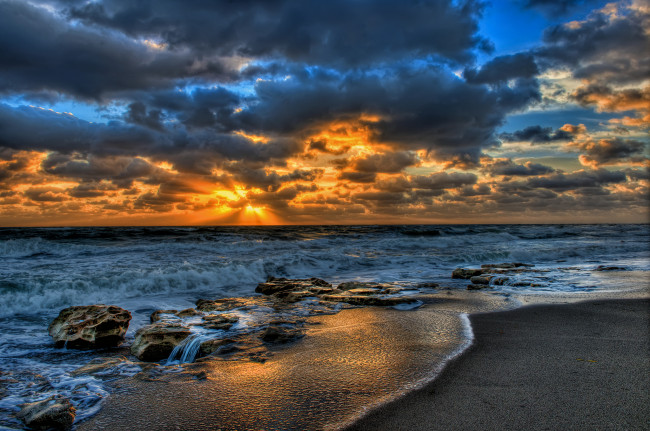 Обои картинки фото природа, моря, океаны, облака, волны, закат, океан