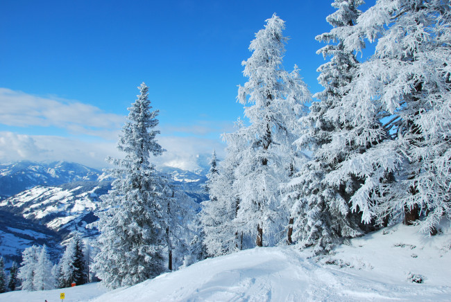 Обои картинки фото природа, зима, деревья, горы, снег