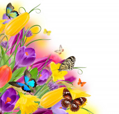 обоя разное, компьютерный дизайн, yellow, purple, spring, colorful, flowers, tulips, butterflies, весна, бабочки, тюльпаны, цветы, beautiful, fresh