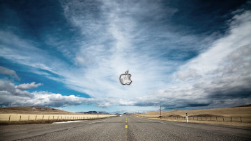 Картинка компьютеры apple горы трасса дорога облака небо логотип яблоко