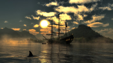 Картинка корабли 3d закат море парусник