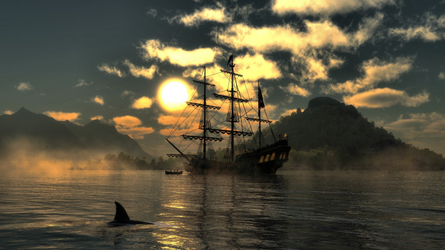 Обои картинки фото корабли, 3d, закат, море, парусник