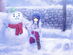 Картинка аниме зима +новый+год +рождество снег снеговик девушка coffee-kizoku арт