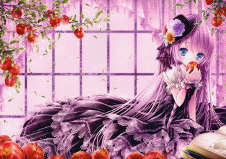 Картинка аниме tinkle+ artbook ветки листья яблоки окно девушка арт фрукты платье tinkle