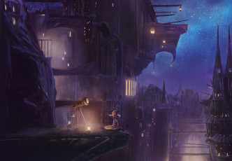 Картинка аниме город +улицы +здания popopo5656 арт девушка огни ночь фонари телескоп