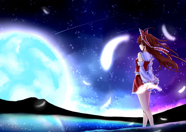 Обои картинки фото аниме, touhou, луна, tianya, beiming, hakurei, reimu, девушка, звёздное, небо