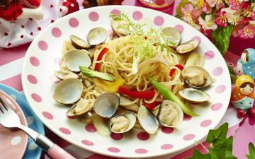 обоя еда, рыбные блюда,  с морепродуктами, моллюски, паста, овощи