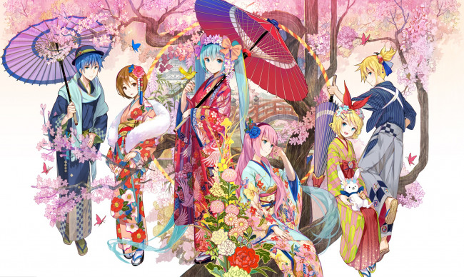 Обои картинки фото аниме, vocaloid, hatsune, miku, kagamine, len, rin, kaito, megurine, luka, meiko, fuji, choko
